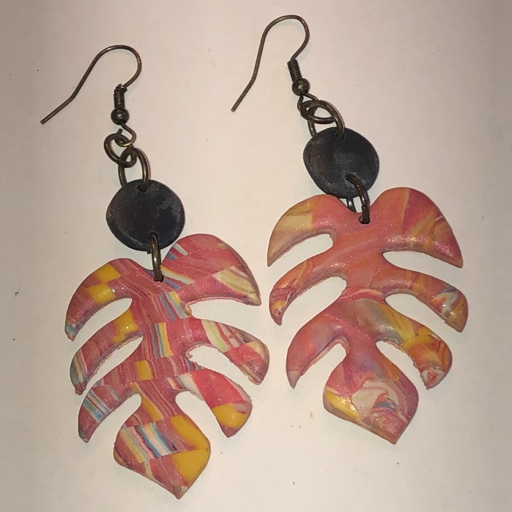 Colorful Boho Clay Leaf Earrings - Picture 1 of 4